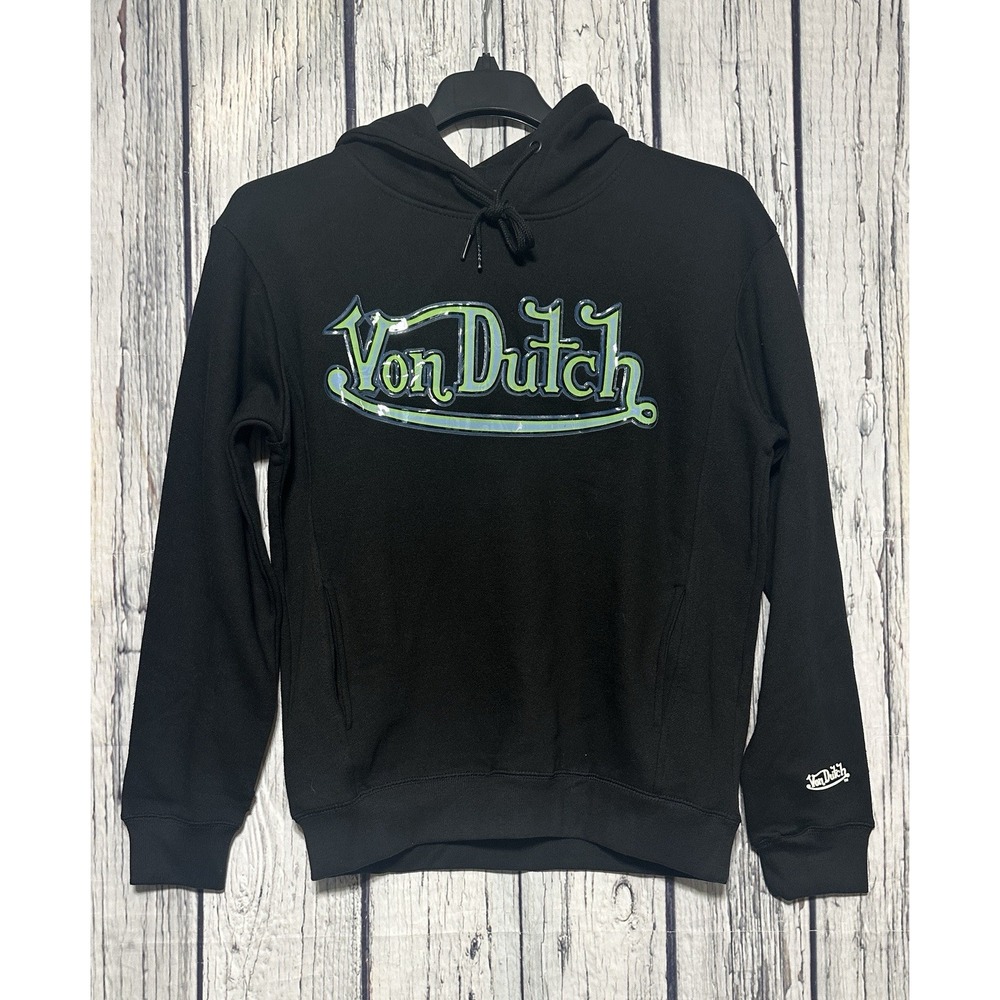 Von Dutch Hoodie Black Mens Med Green Spellout‎ Center Logo 3D Fleece Drawstring
